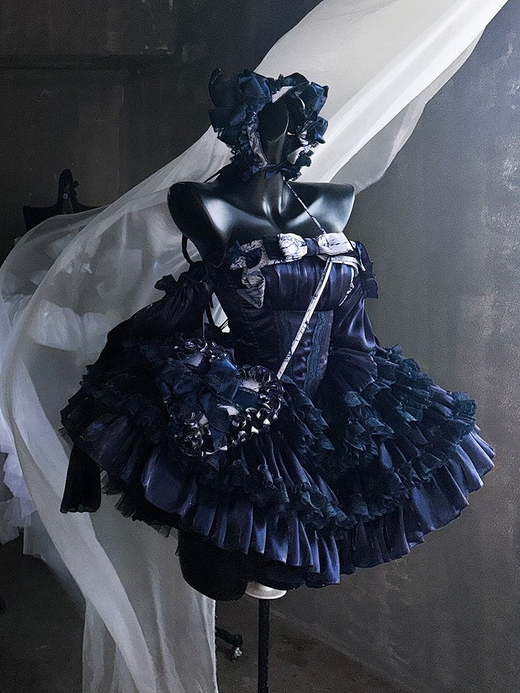 Tiered Dark Princess Accents Dress Blue with Balletcore Lace Basque Waist