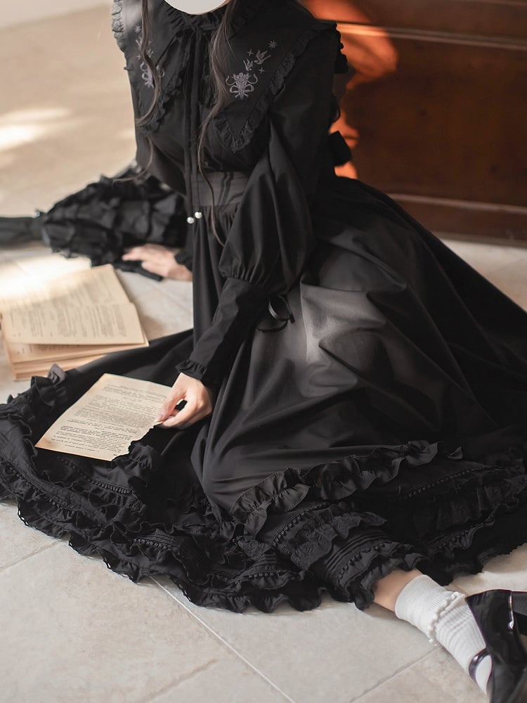 Floral Collar Vintage Cuffs Dress Lace-up Sleeves Leg-of-Mutton with Black Embroidery
