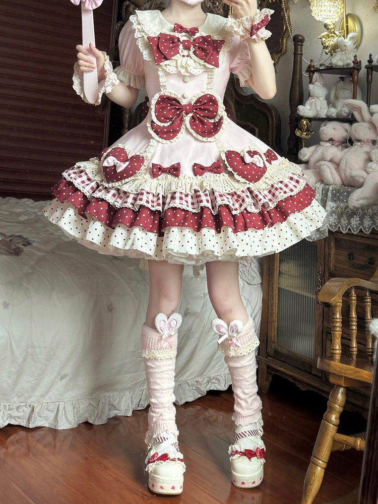 Red & Pink Puff-Sleeve Layered OP Sweet Lolita Dress with Bowknots & Heart Accents - Sweet Crystal