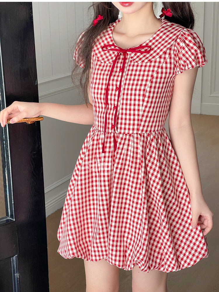 Skirt Plaid Sleeves Bubble Red Peter Pan Collar Puff Dress