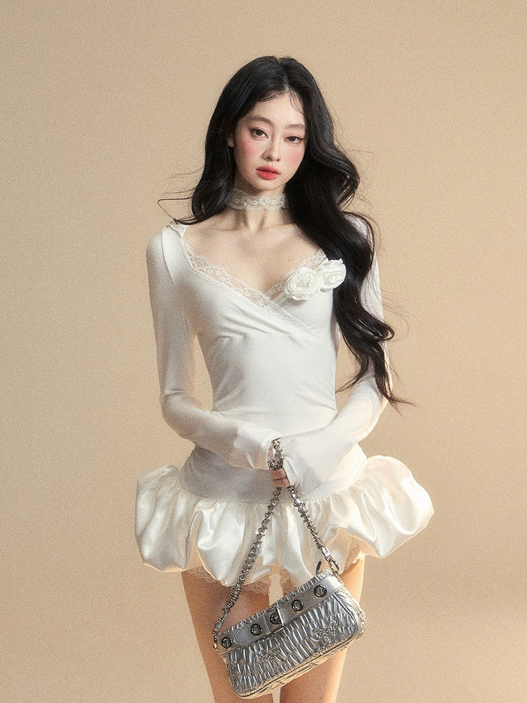 Floral Accents	Lace Skirt Mini Bubble Trim White V-Neck Dress Hooded Glamorous