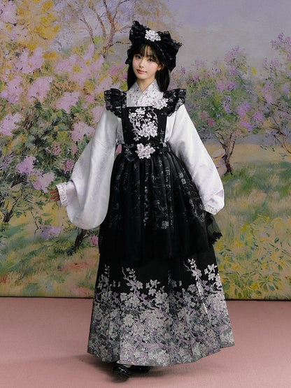 Black Floral Pleated Hanfu Skirt - Yimu Walnut