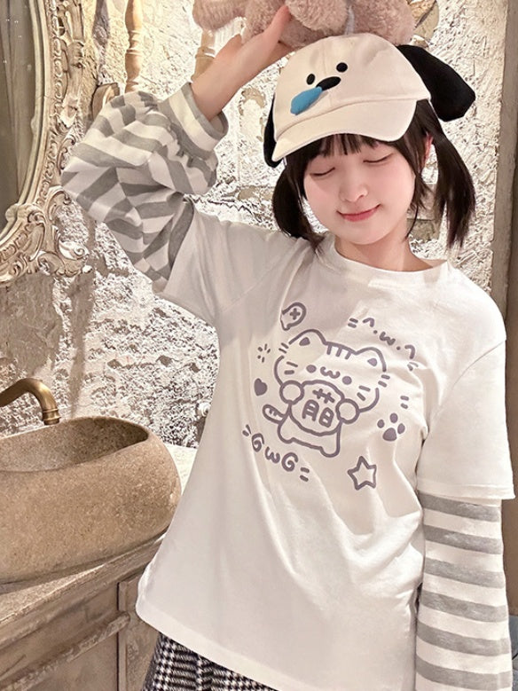 ホワイトキティプリントストライプ長袖Tシャツ