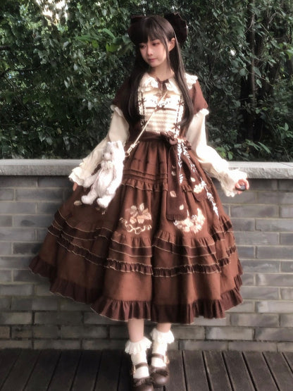 Brown Acorn & Squirrel Embroidered Lolita OP Dress with Peter Pan Collar, Ruffles, Belt, Brooch & Bow Hairclip - With PUJI
