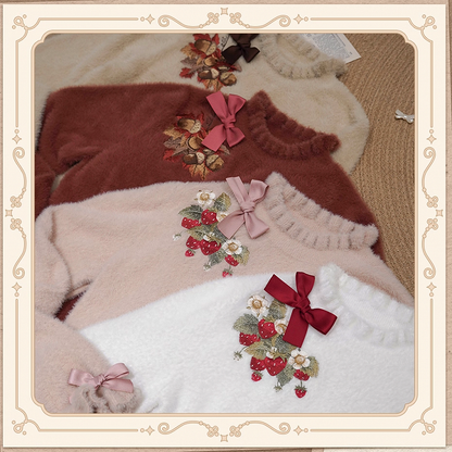 刺繍入り秋トップス ネックライン ホワイトカフス ニット 蝶結び イチゴ