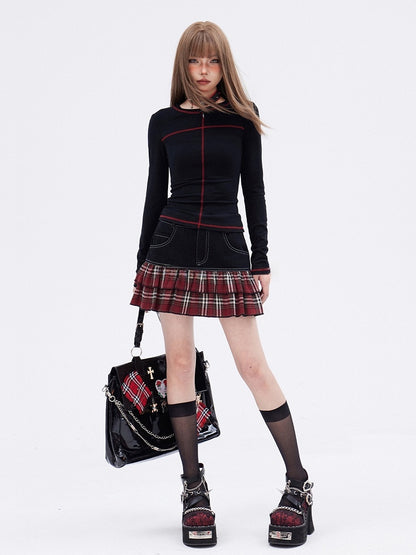 White/Black  Round Neck Long Sleeves T-shirt