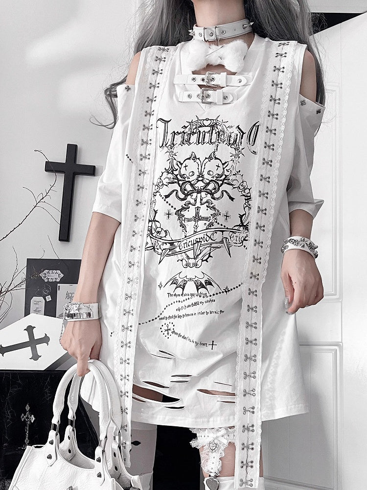 White Straps Short Trimmed Gothic Cutouts Shoulder with Sleeve Drop T-shirt Print Cross Lace Shoudler