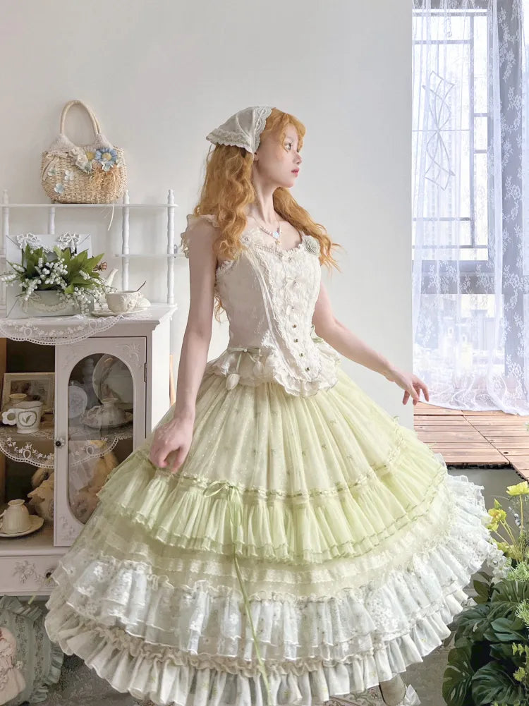 Klassischer zarter Rock mit mehrlagiger Schleife und Rüschen, grün, Lolita-Stickerei, klein