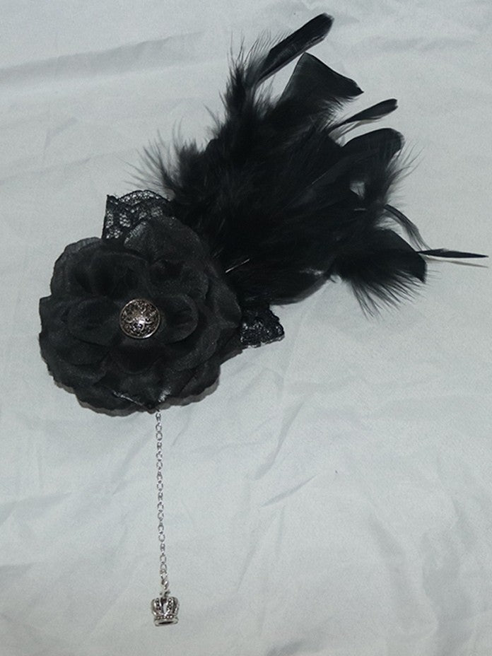 Crown Charm Design Black Feather Decorated Hairclip Floral