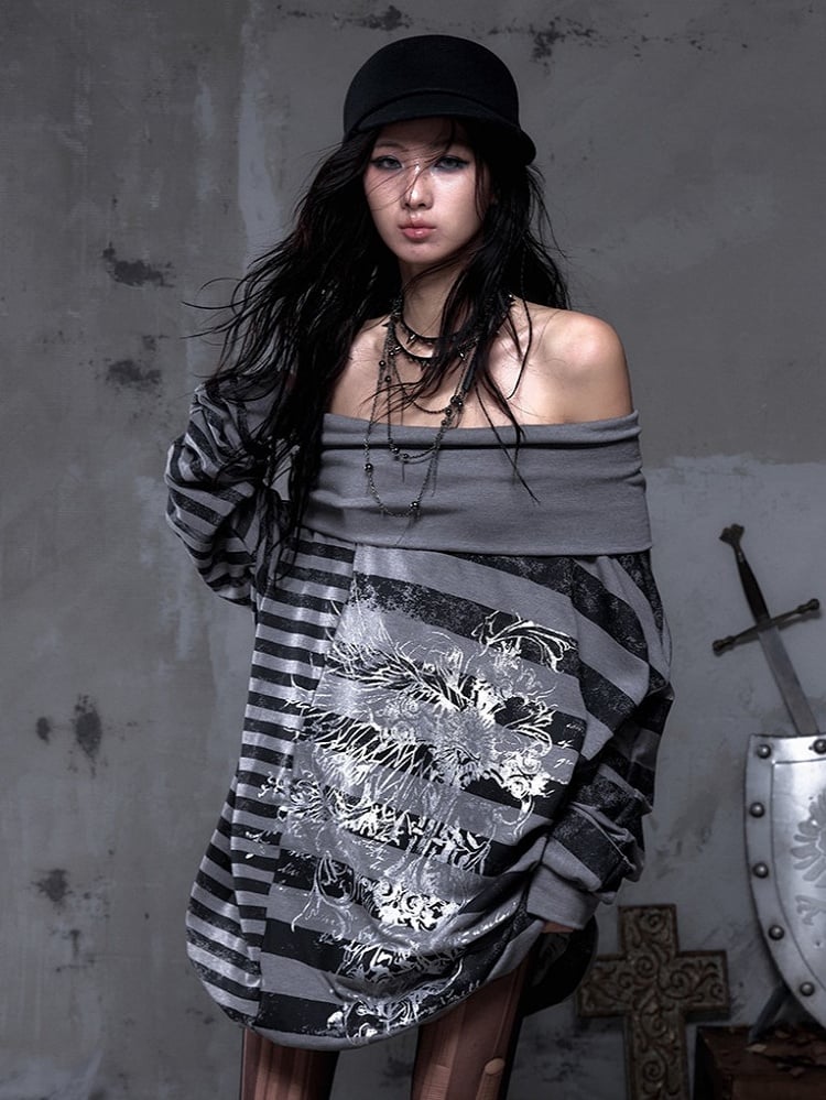 Black Sweatshirt Dress Print Stripes Cross Punk Off-Shoulder Versatile Batwing with Y2K Gray