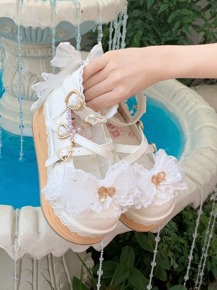 White Hanayome Bead Detail Bow Accents Sweet Lolita Platform Shoes