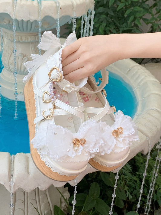 White Hanayome Bead Detail Bow Accents Sweet Lolita Platform Shoes