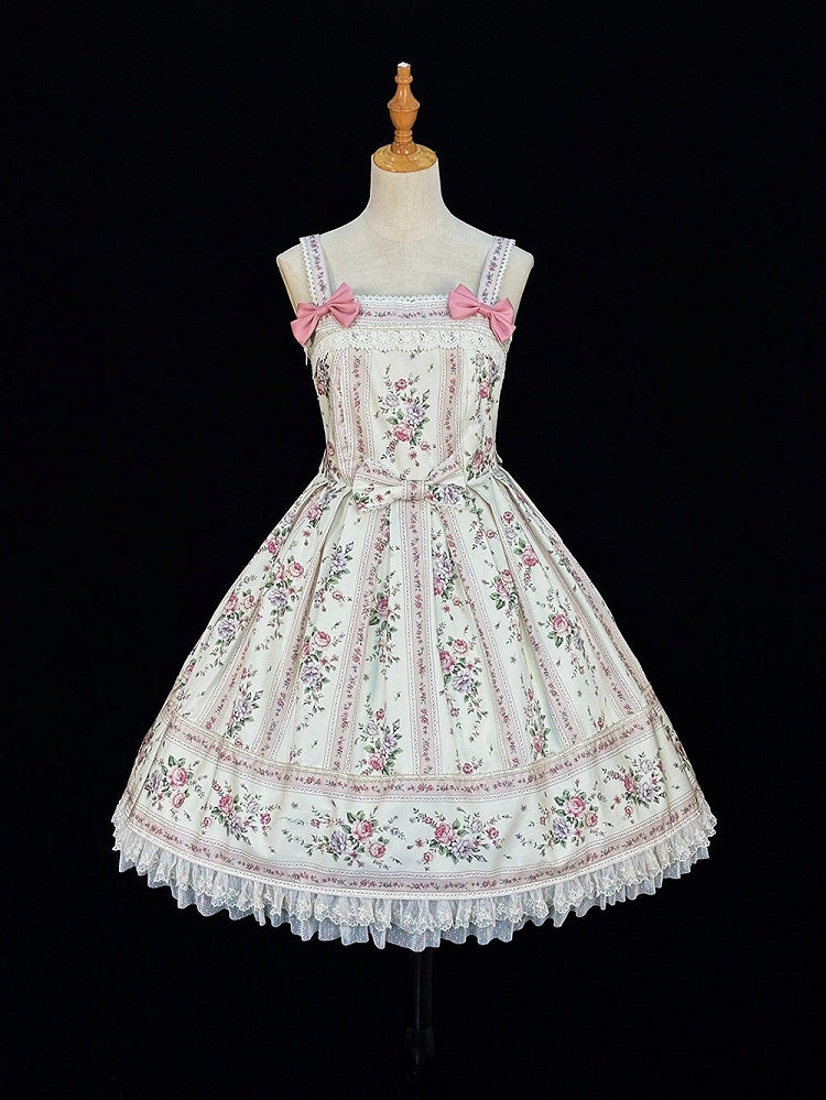 Beige Floral Print Box Pleat Skirt Lolita JSK Dress with Bow & Back Lace-Up - Miss Cube Dressworks