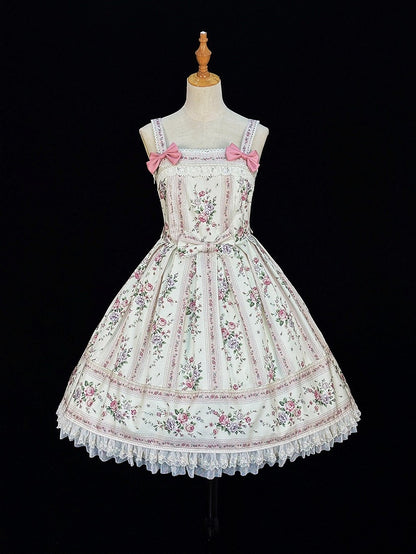Beige Floral Print Box Pleat Skirt Lolita JSK Dress with Bow & Back Lace-Up - Miss Cube Dressworks