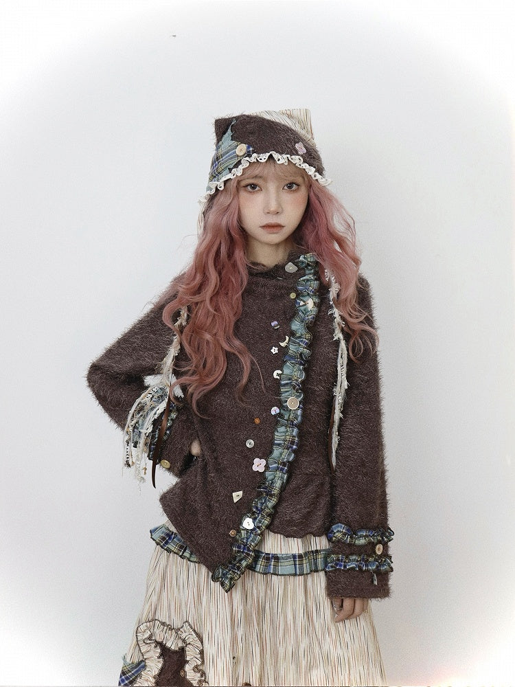Accents Green Hat Earflap Button with Lace Mori Trim Colorblock Kei Brown and Plaid
