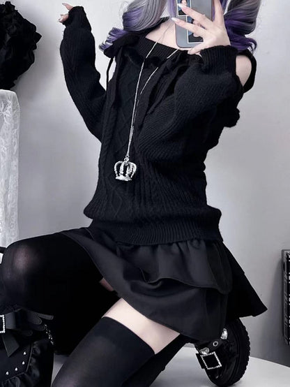 ジライケイ ブラック オフショルダー リボンアクセント ランドマインスタイル セーター