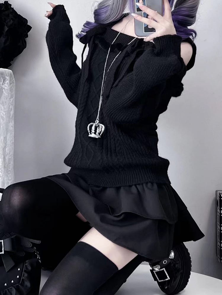 Jirai Kei – Schwarzer, schulterfreier Pullover im Landminen-Stil mit Schleife