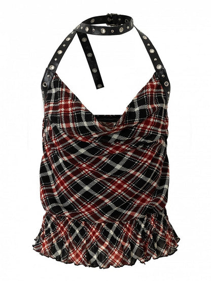Punk Wasteland Neckholder Top Halsausschnitt Trim Muster SchwarzRot Glamourös Plaid Rüschen Kapuze