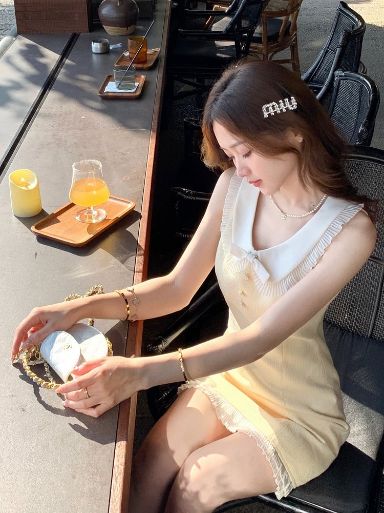 Milk Yellow Dress Bow Ruffle Hem Decoration - Qchiwawameme
