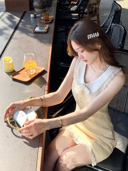 Milk Yellow Dress Bow Ruffle Hem Decoration - Qchiwawameme