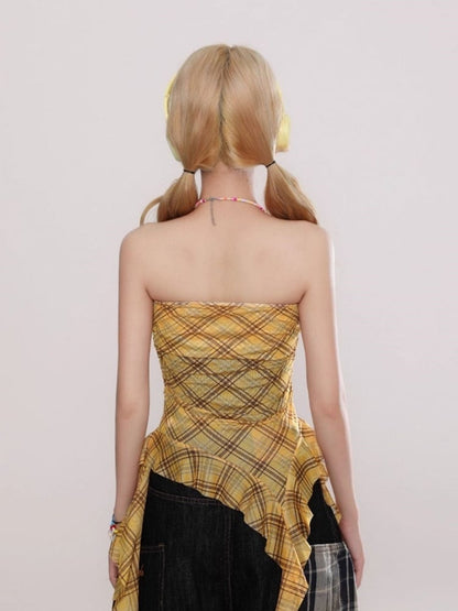 Yellow Plaid Strapless Top with Star Accent and Cascading Ruffle Hem