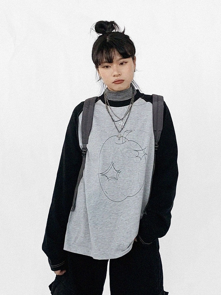 Gray Sleeve Black Neck Unisex Apple Print Long Daily Top Kawaii Round with