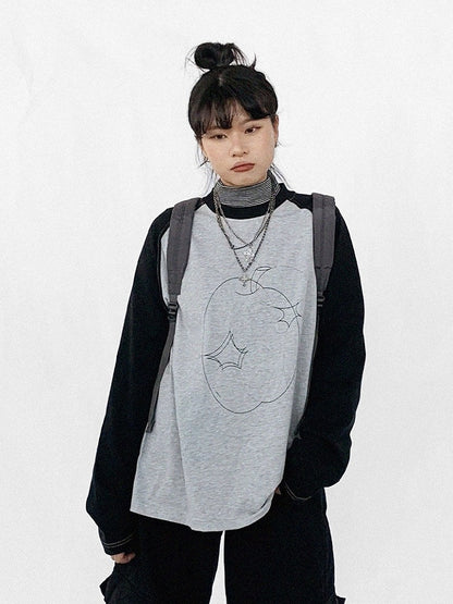 Gray Sleeve Black Neck Unisex Apple Print Long Daily Top Kawaii Round with