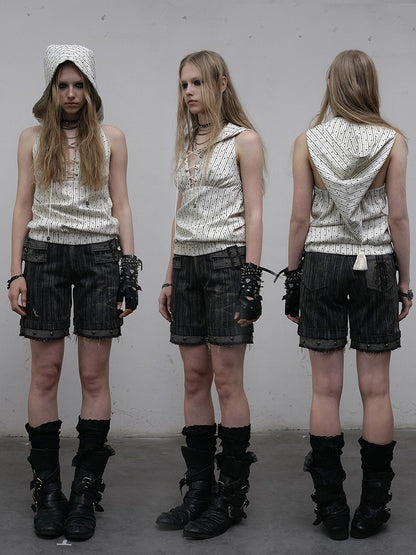 プリントトップ ホワイト スター柄 レースアップ ノースリーブ パーカー ストライプディテール