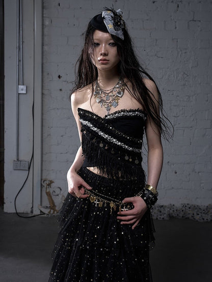 Black/White Crossover Design Bead Hem Details Fringe Baroque