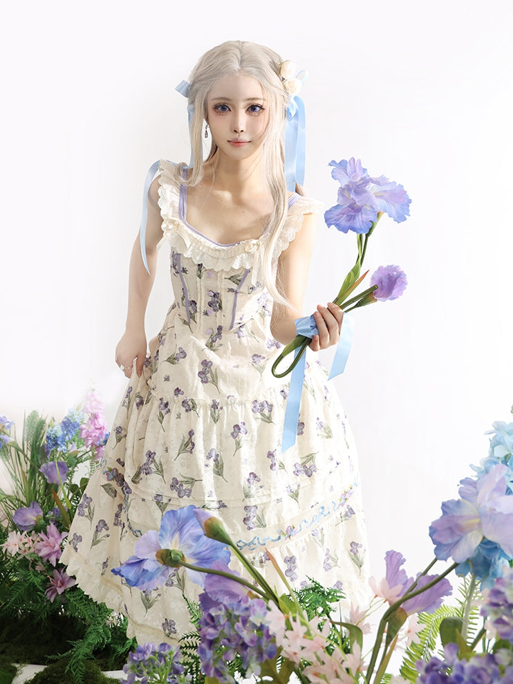 ネックラインジャンパースカート ベージュ オフショルダー パープルアイリス刺繍