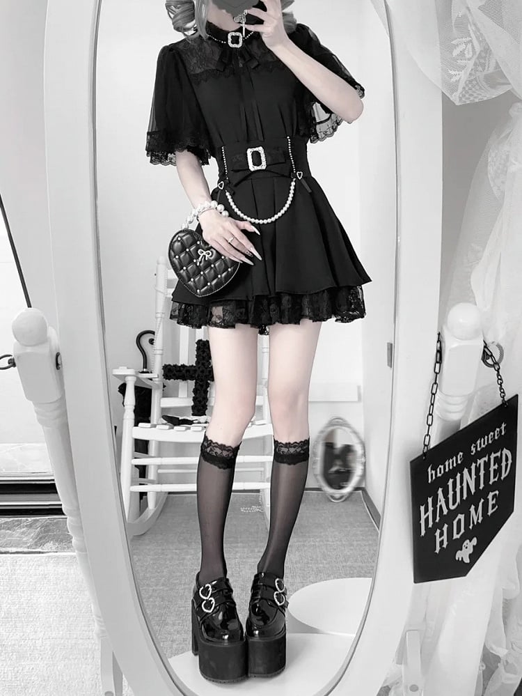 Jirai Sleeves Black Cape Short Sleeve with Kei Neckline Top Illusion