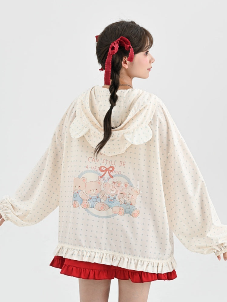 日焼け防止ジャケット ベアバイブス スノーフード ホワイト 水玉耳デザイン ホワイト 愛らしい