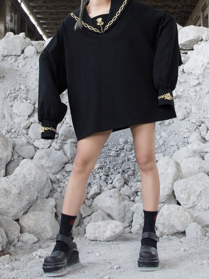 Gold Black Rose and Gothic Sailor Thorn Loose with Collar Embroidery Sweatshirt