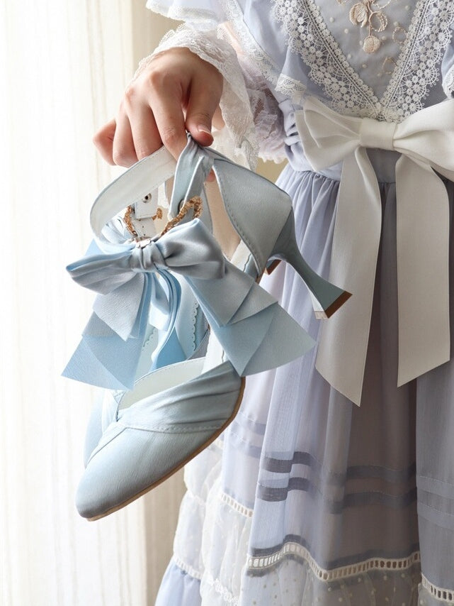 Heels Blue Toe Accent Satin Light Elegant Buckle Pointed Heart Lolita High Bow