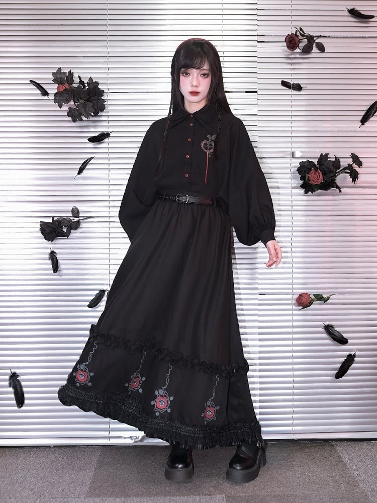 With Skirt Eden-inspired Trim Gothic Black Midi Print Lace