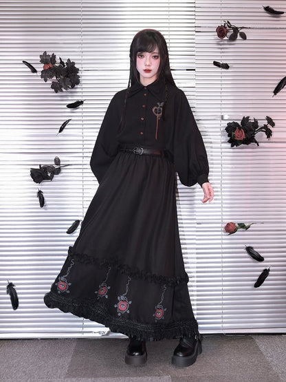 With Skirt Eden-inspired Trim Gothic Black Midi Print Lace
