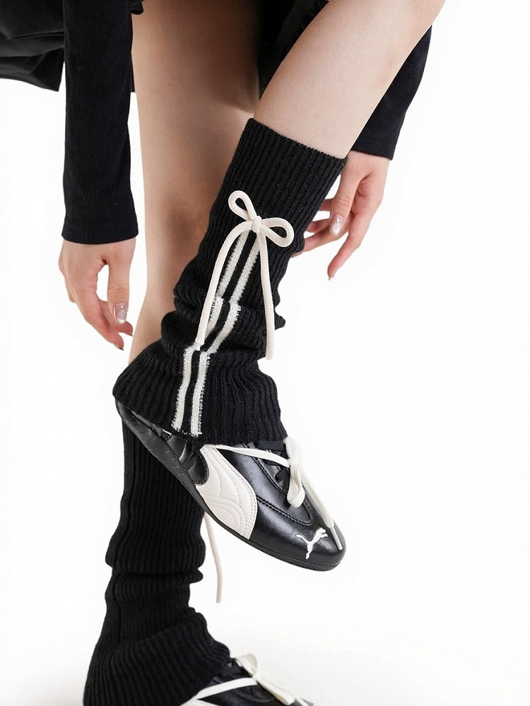 Ribbed Leg Warmers with Stripe and Bow Decor - ModaSwings