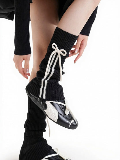 Ribbed Leg Warmers with Stripe and Bow Decor - ModaSwings