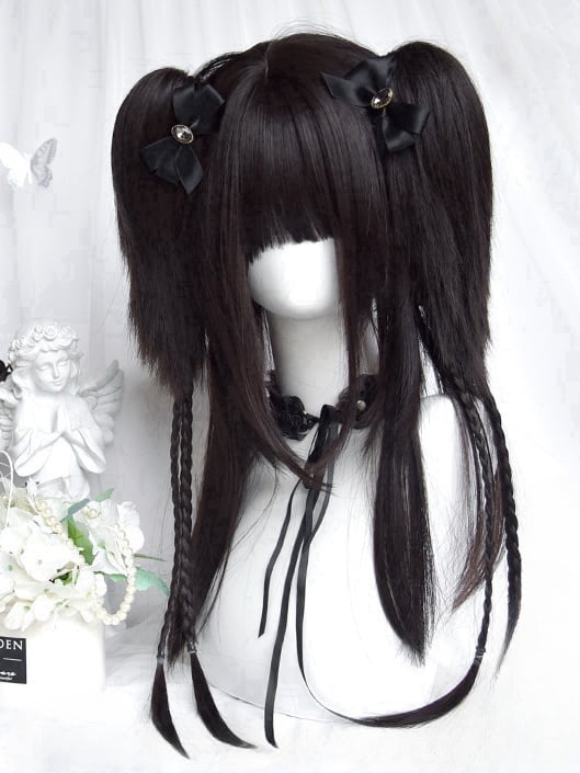 Schwarze lange glatte Perücke mit Pony + doppelte Pferdeschwanzklammern