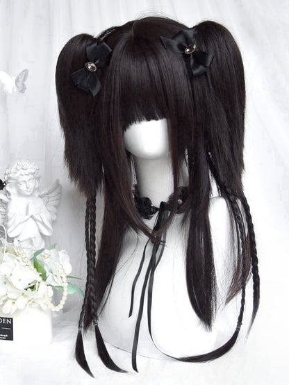 Schwarze lange glatte Perücke mit Pony + doppelte Pferdeschwanzklammern