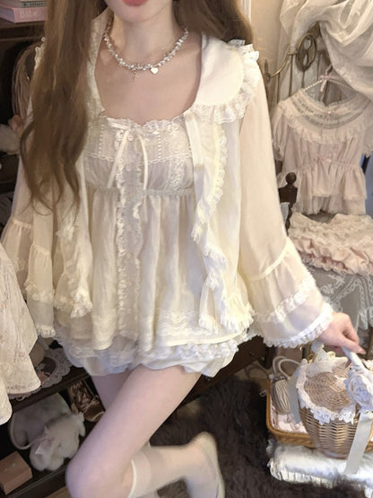 Sun-protective Apricot Bell Sleeves Ruffled With Cardigan