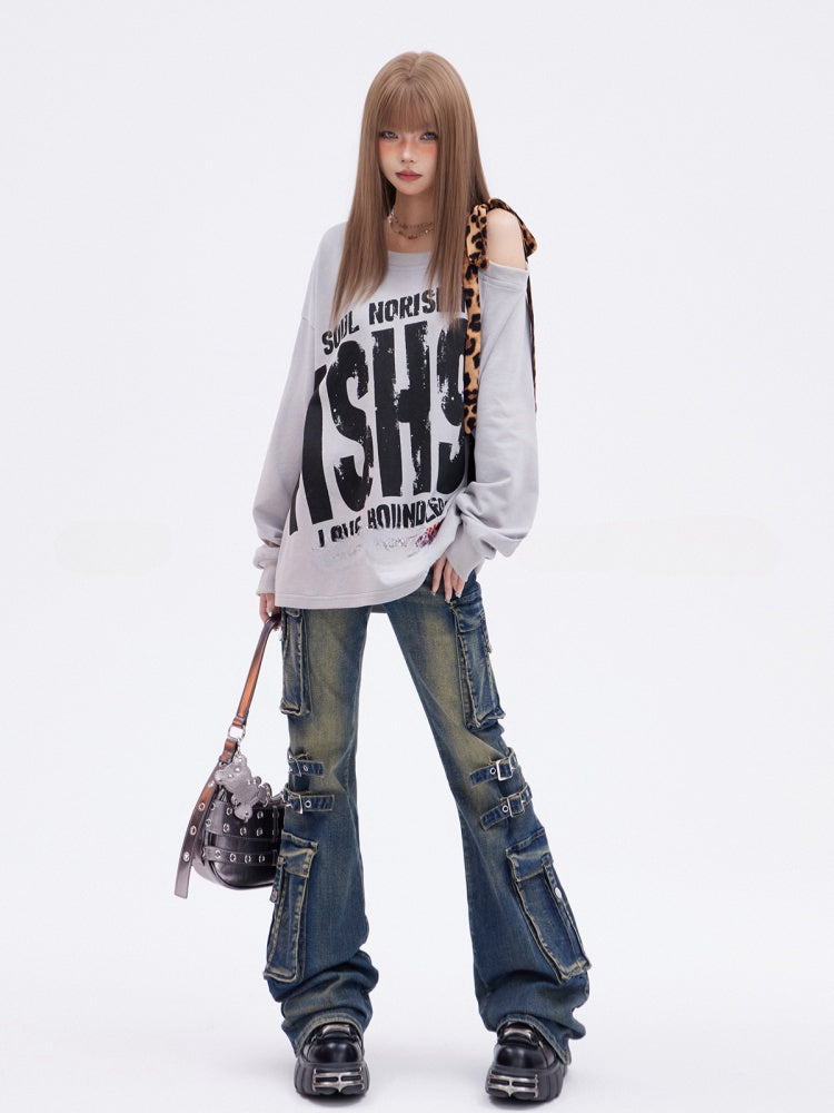 Grauer asymmetrischer Ausschnitt Leopard Glamouröses Sweatshirt Buchstabendruck Riemen