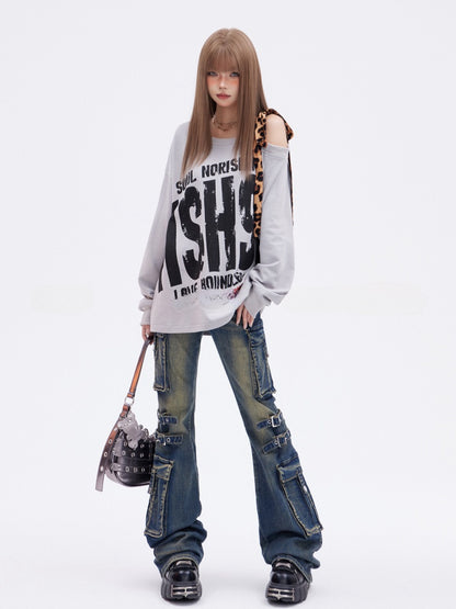 Grauer asymmetrischer Ausschnitt Leopard Glamouröses Sweatshirt Buchstabendruck Riemen