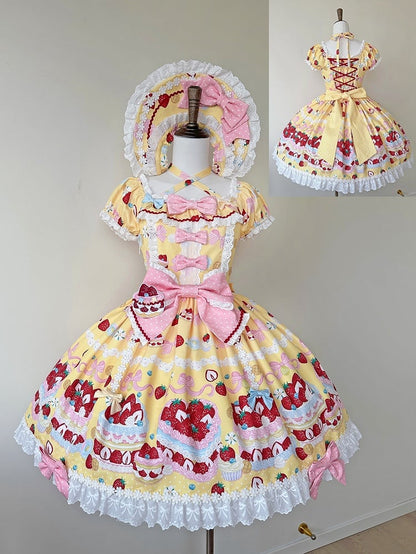 Kuchen süße süße Erdbeere ein Ärmel gelbes Kleid Lolita Stück Kurzdruck