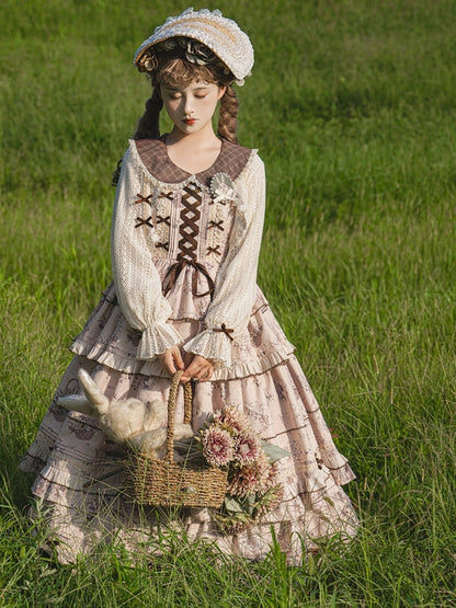 Beige & Brown Floral Print Tiered Ruffles Elegant Classic Lolita Dress + Crochet Lace Lolita Cardigan Set
