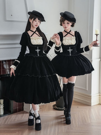 Velvet Hat Waist + Boned for Brooch Basque Bow Dress Choker Autumn/Winter Lolita Black Long Set Version