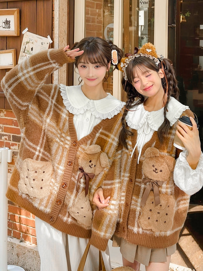 Brown Cute Cookie Bear Adorned Plaid Vest