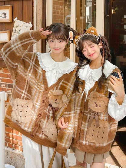 Brown Cute Cookie Bear Adorned Plaid Vest