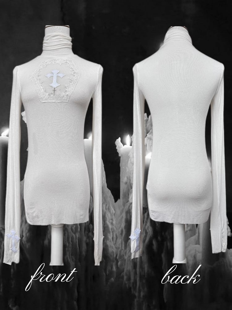 Gothic White Coffin Cutout Cross Accents High Neck Long-Sleeve Top