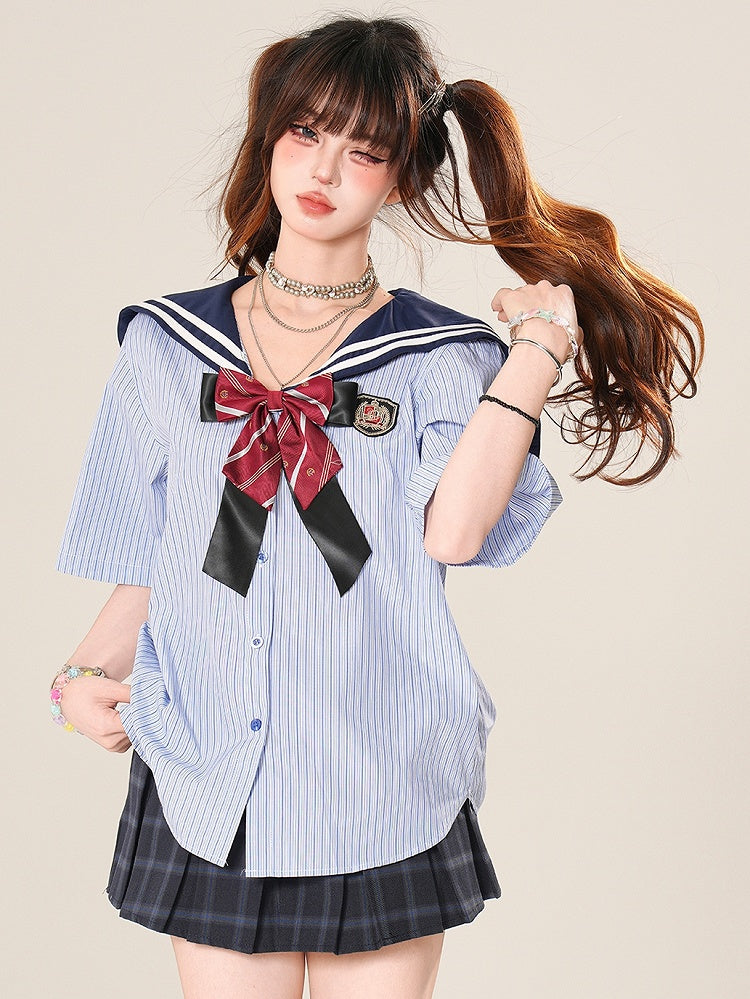 Kawaii Striped With Daily Pattern Bow Blue Sailor Tie Collar Shirt